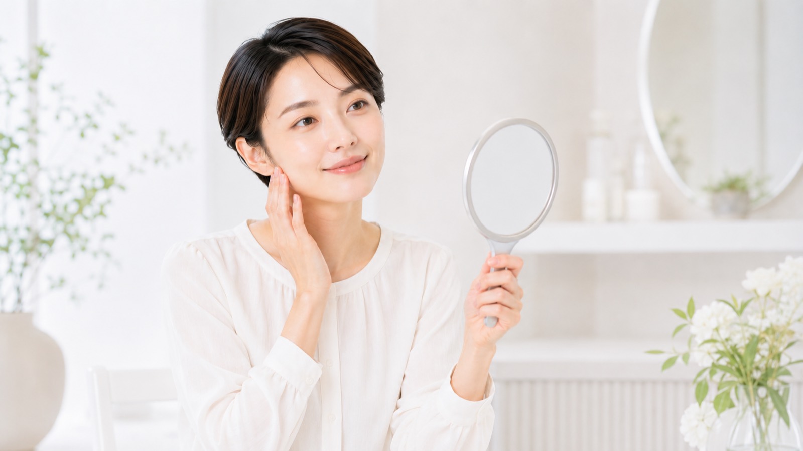 鏡で目の下を見る女性